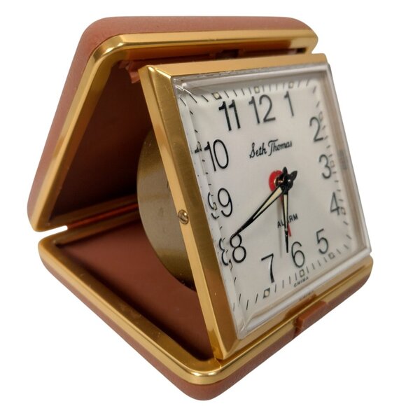 Vintage Seth Thomas Alarm Clock Travel Size Brown Foldable Plastic Case Glowing - Picture 3 of 16